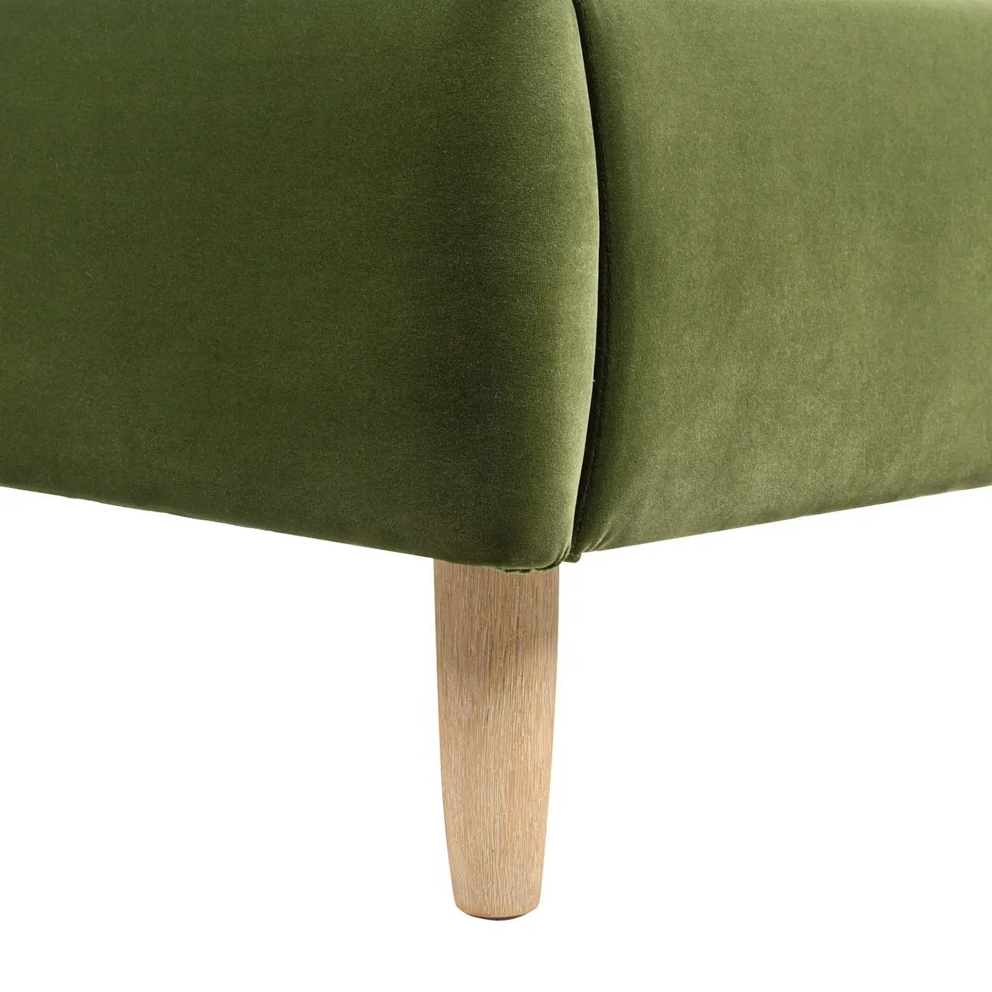 Roman curved headboard upholstered platform bed in olive green velvet with natural wood leg on Tampa Home & Garden Store