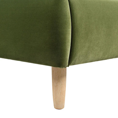 Roman curved headboard upholstered platform bed in olive green velvet with natural wood leg on Tampa Home & Garden Store