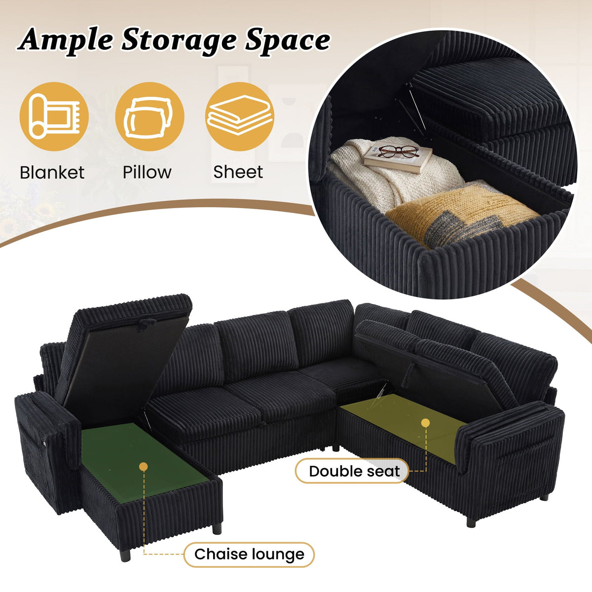 Convertible U-Shaped Sectional Sofa Bed with USB ports and storage in black corduroy upholstery on Tampa Home & Garden Store