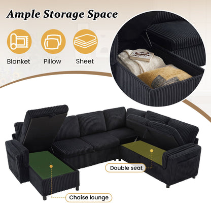 Convertible U-Shaped Sectional Sofa Bed with USB ports and storage in black corduroy upholstery on Tampa Home & Garden Store