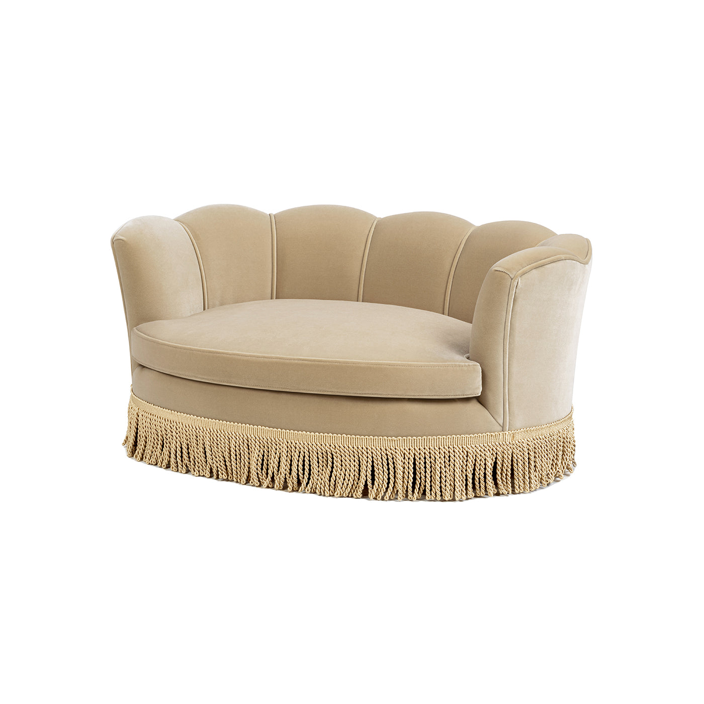 Clara 34.5in Scalloped Pet Sofa Bed in fawn by HouseOfZazla, plush sofa with fringe on Tampa Home & Garden Store