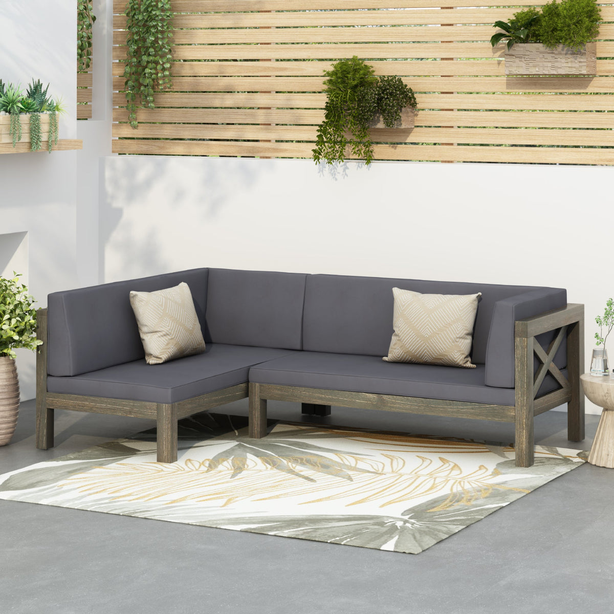 Brava X Back Right Corner Bench in acacia with dark gray cushions, HouseOfZazla patio seating on Tampa Home & Garden Store