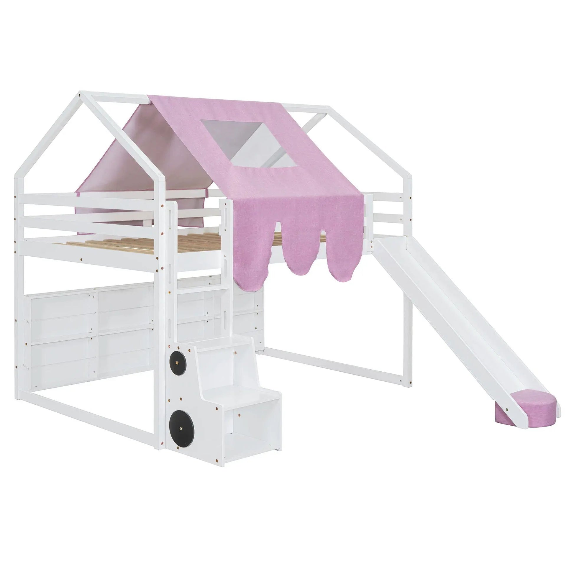 Loft bed with white house-shaped frame and pink tent canopy, built-in slide on Tampa Home & Garden Store