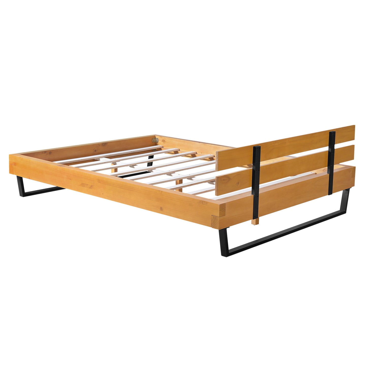 a Queen Pine Bed Frame and Black Iron Accents