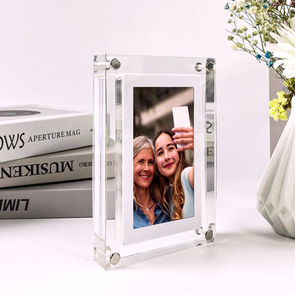 Acrylic digital photo frame in vertical orientation displaying a selfie photo on Tampa Home & Garden Store