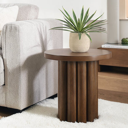 Loanna brown wooden end table with round top and ribbed pedestal base on Tampa Home & Garden Store