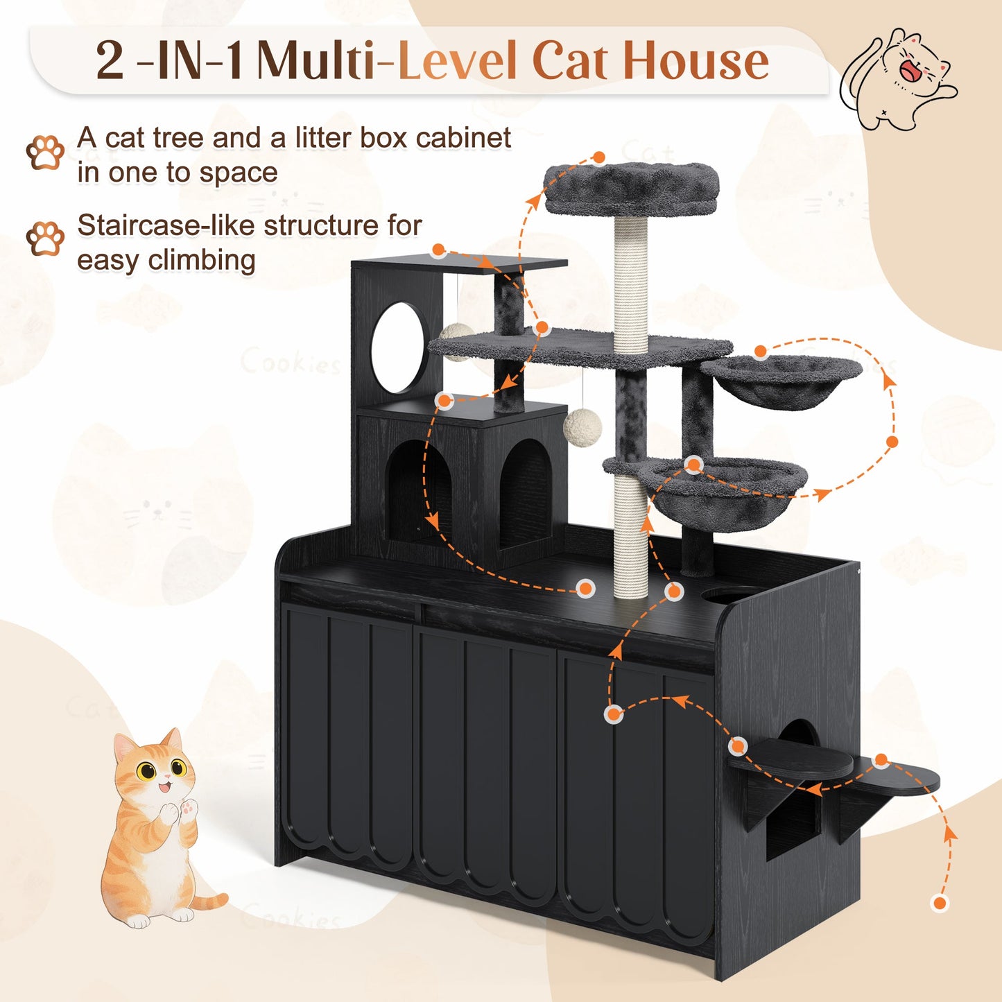 50.6in Cat Tree with Litter Box Enclosure and Sisal Scratching Post in black HouseOfZazla on Tampa Home & Garden Store