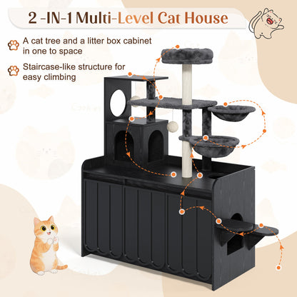 50.6in Cat Tree with Litter Box Enclosure and Sisal Scratching Post in black HouseOfZazla on Tampa Home & Garden Store