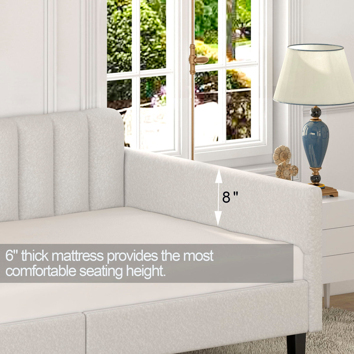 Elena Boucle upholstered daybed with ribbed tufted backrest in light gray on Tampa Home & Garden Store