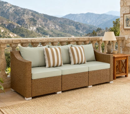 Rattan Wicker Patio Couch Cushions Striped Pillows sage HouseOfZazla Outdoor Sofas on Tampa Home & Garden Store