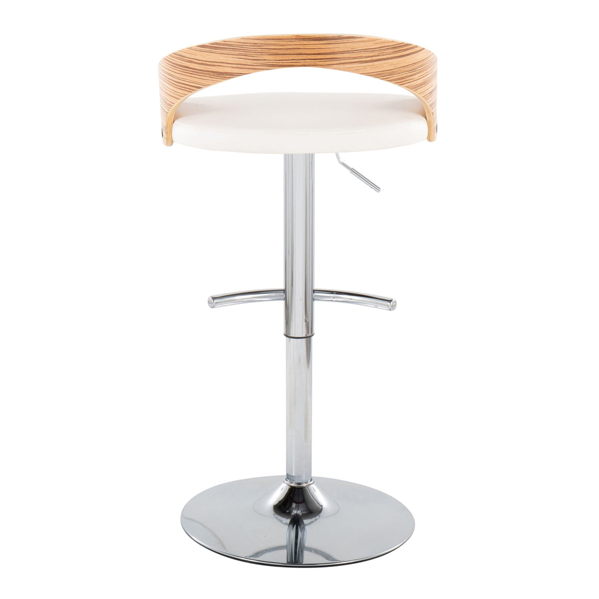 Contemporary adjustable barstool with white seat and wood grain curved back, chrome pedestal on Tampa Home & Garden Store