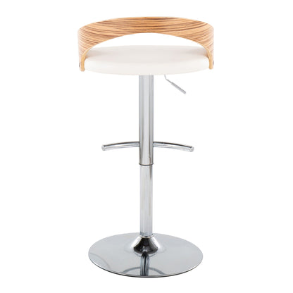 Contemporary adjustable barstool with white seat and wood grain curved back, chrome pedestal on Tampa Home & Garden Store