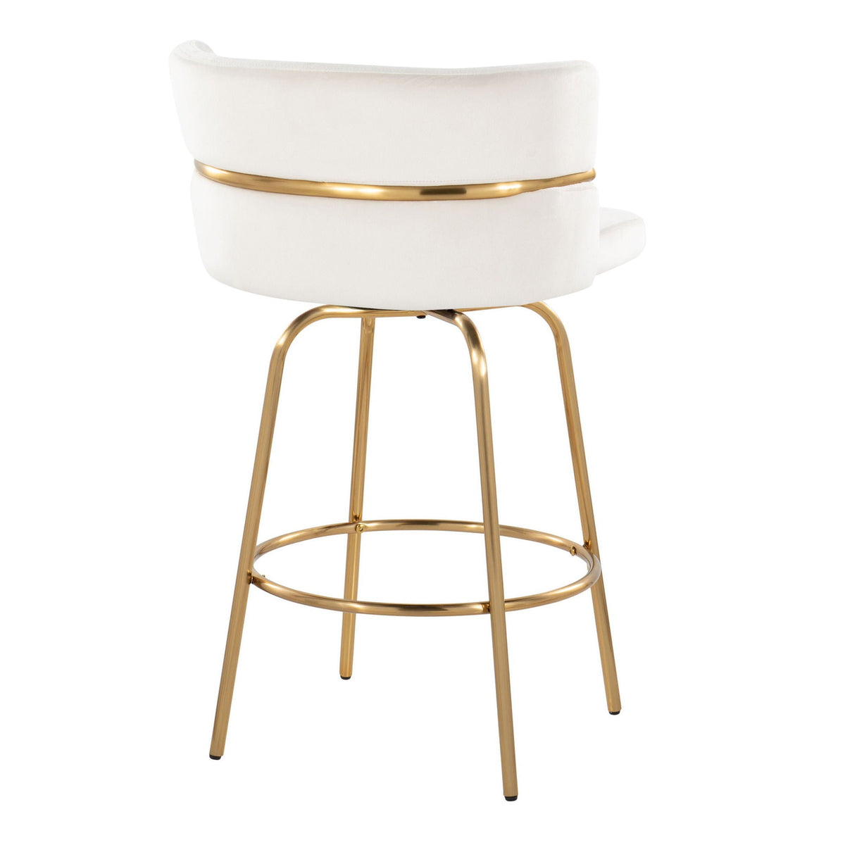 Glam Art Deco fixed-height counter stool set in beige upholstery with gold-tone swivel frame on Tampa Home & Garden Store