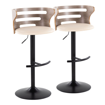 Mid-century adjustable barstool pair with swivel and beige seats on black pedestals on Tampa Home & Garden Store