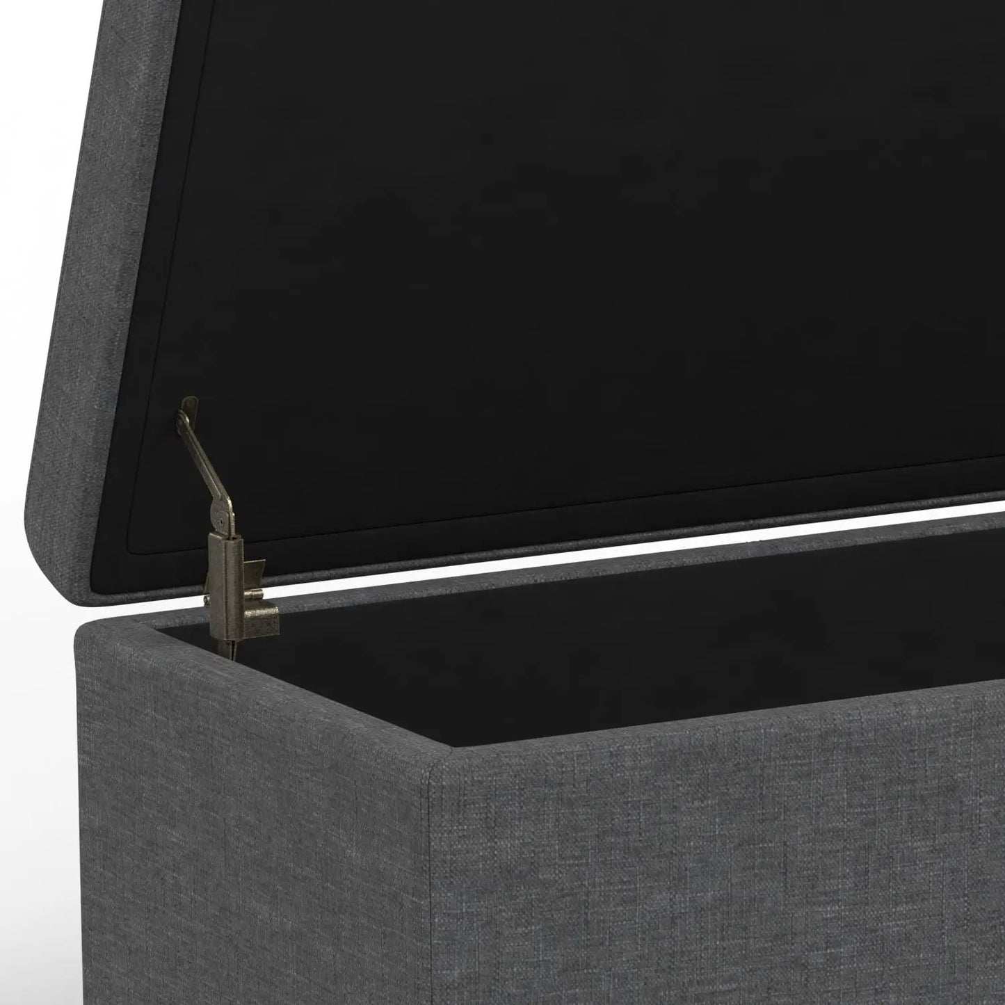 Avalon Multifunctional Storage Ottoman Bench in gray fabric with brass hinge, interior storage on Tampa Home & Garden Store