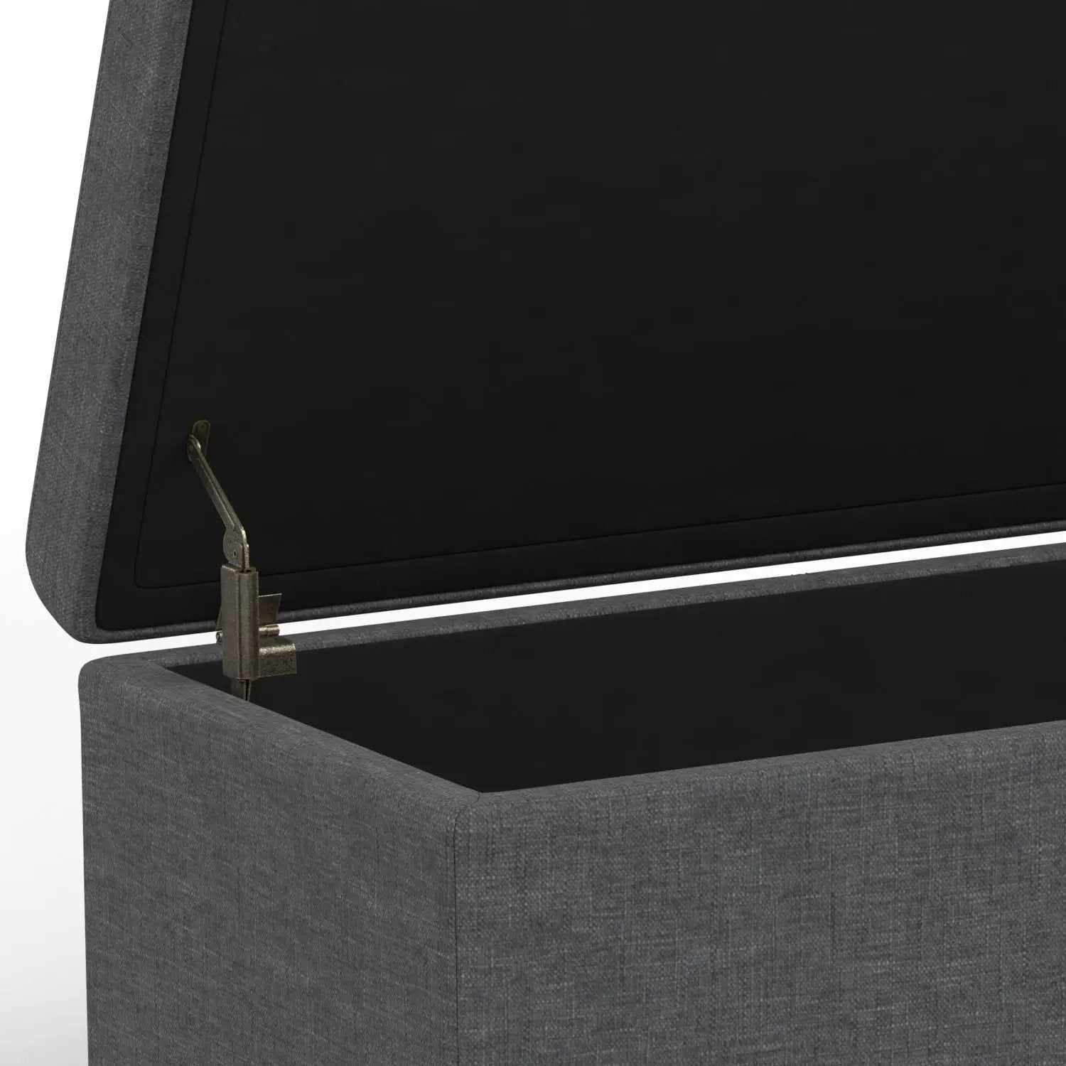 Avalon Multifunctional Storage Ottoman Bench in gray fabric with brass hinge, interior storage on Tampa Home & Garden Store