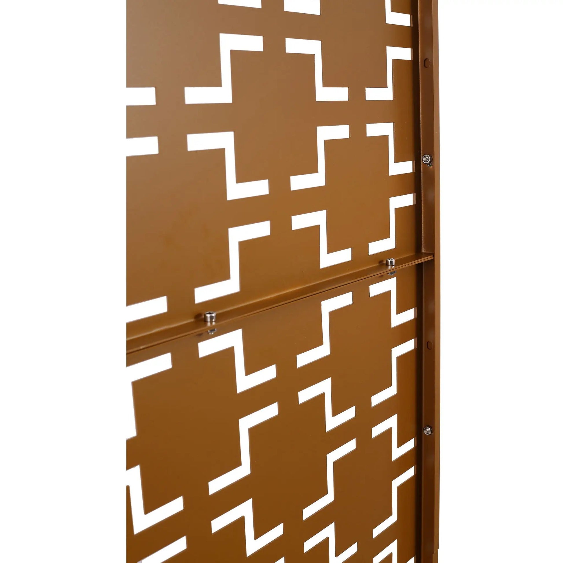 Metal privacy screen panel in warm brown with geometric square cutouts by Unique Piece Furniture on Tampa Home & Garden Store