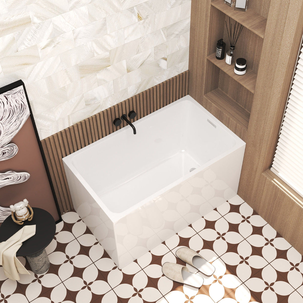 Modern White Freestanding Acrylic Bathtub by HouseOfZazla with black faucet in wood bath on Tampa Home & Garden Store