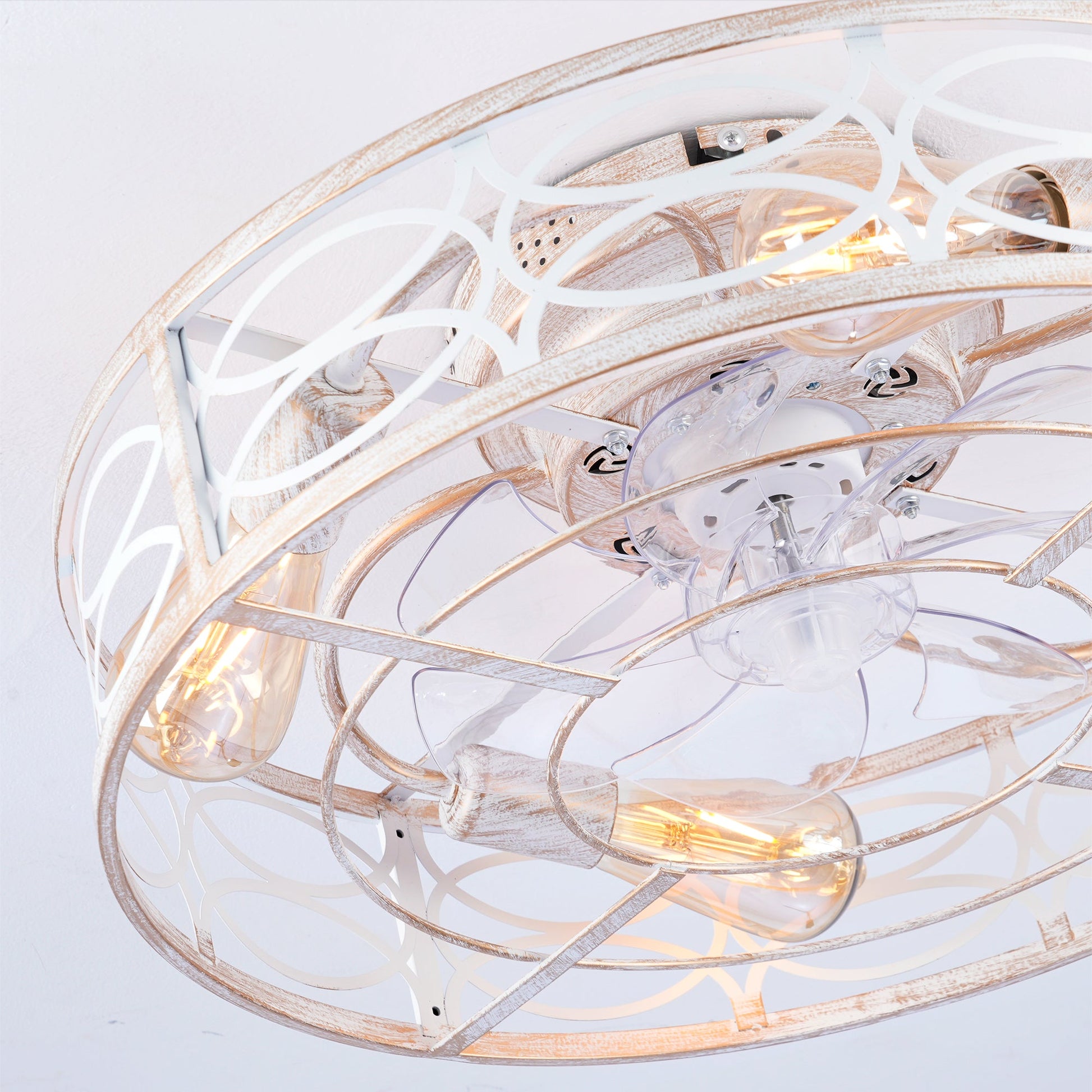 20in caged ceiling fan with lights and remote, white and wood-toned metal cage with warm Edison bulbs on Tampa Home & Garden Store