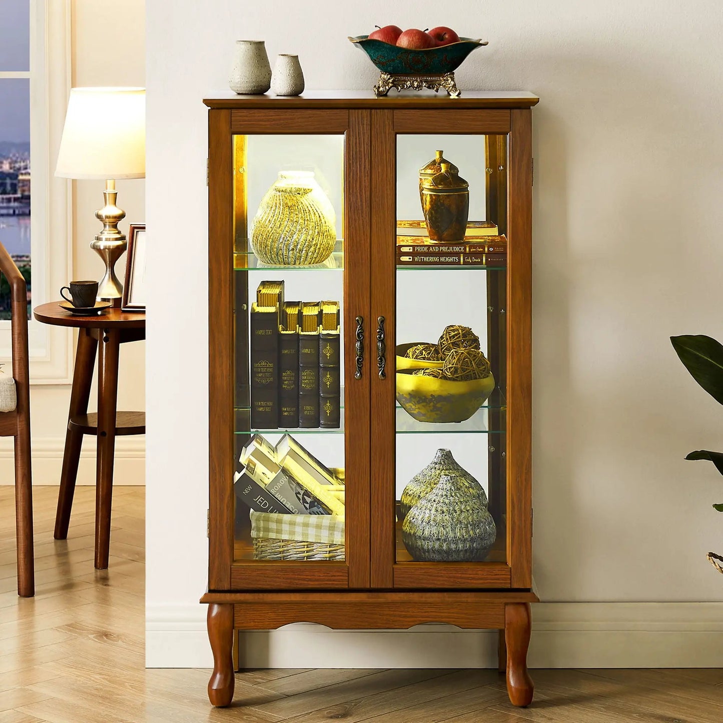 Unique Piece Furniture curio cabinet with 3-tier shelving and tempered glass doors mirrored back on Tampa Home & Garden Store