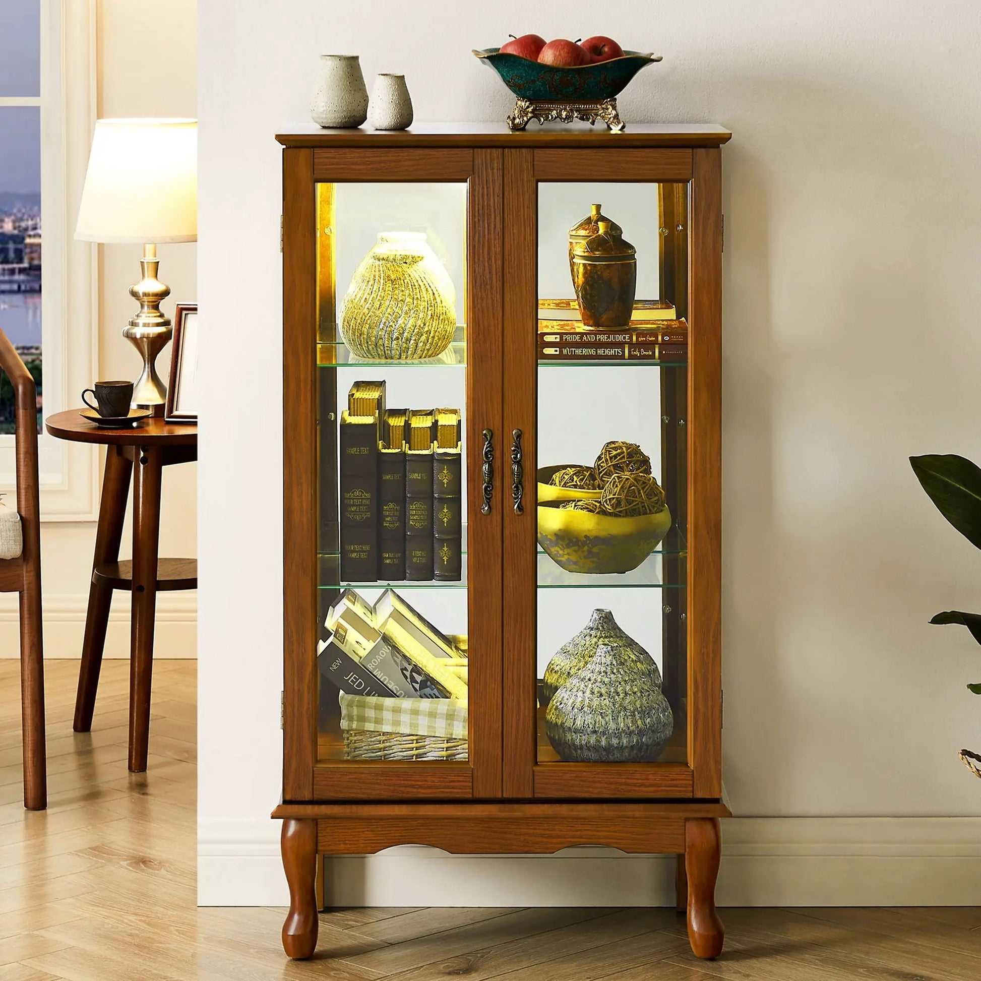 Unique Piece Furniture curio cabinet with 3-tier shelving and tempered glass doors mirrored back on Tampa Home & Garden Store