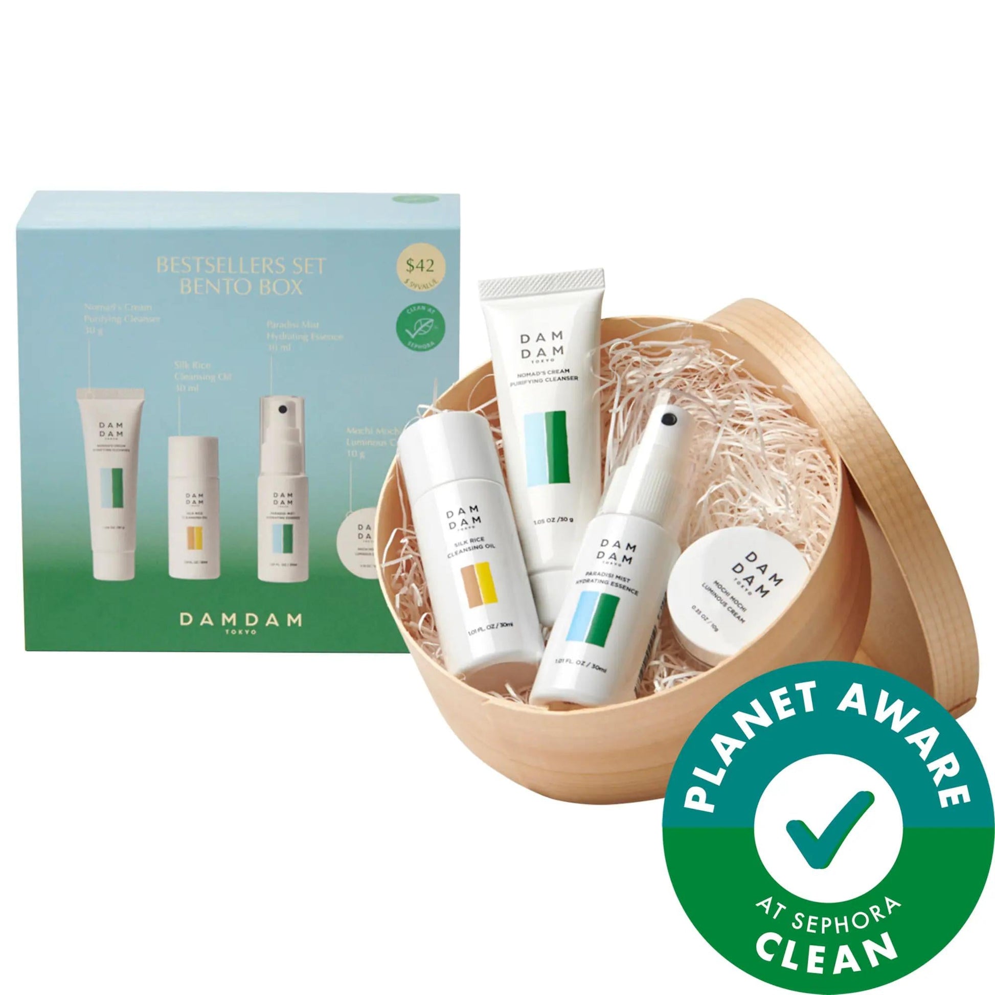 Cleansing & Hydrating Japanese Skincare Set in blue Bento Box with DAM DAM tubes in a basket on Tampa Home & Garden Store