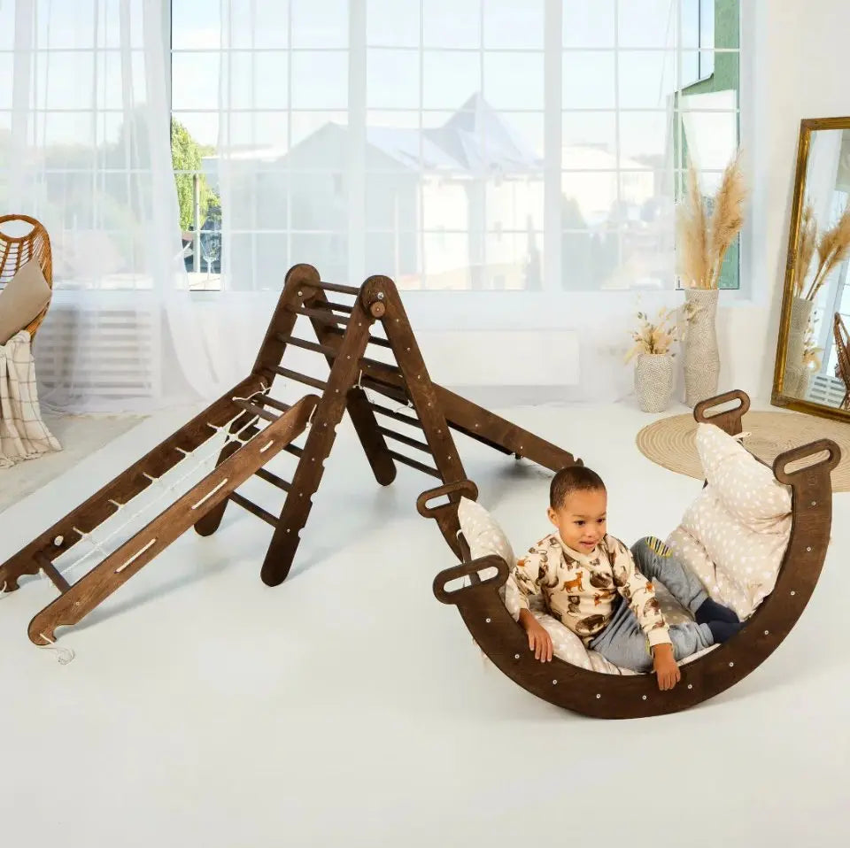 5in1 Montessori Climbing Set Goodevas triangle ladder curved rocker with cushions rope on Tampa Home & Garden Store