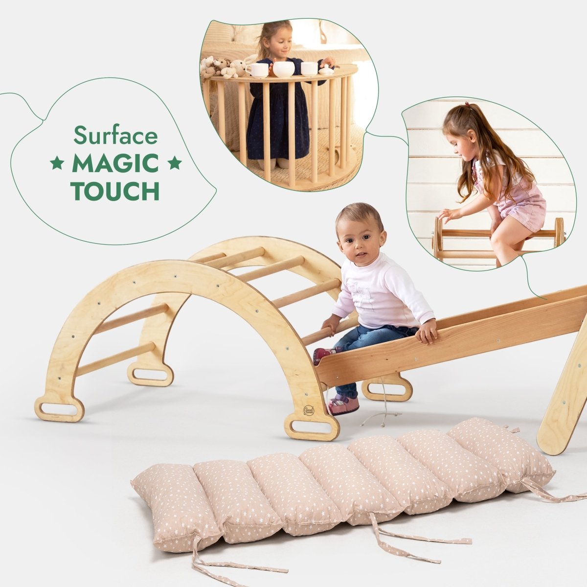 Goodevas 5in1 Montessori climbing set triangle ladder with arch, slide, netting rope and cushion on Tampa Home & Garden Store