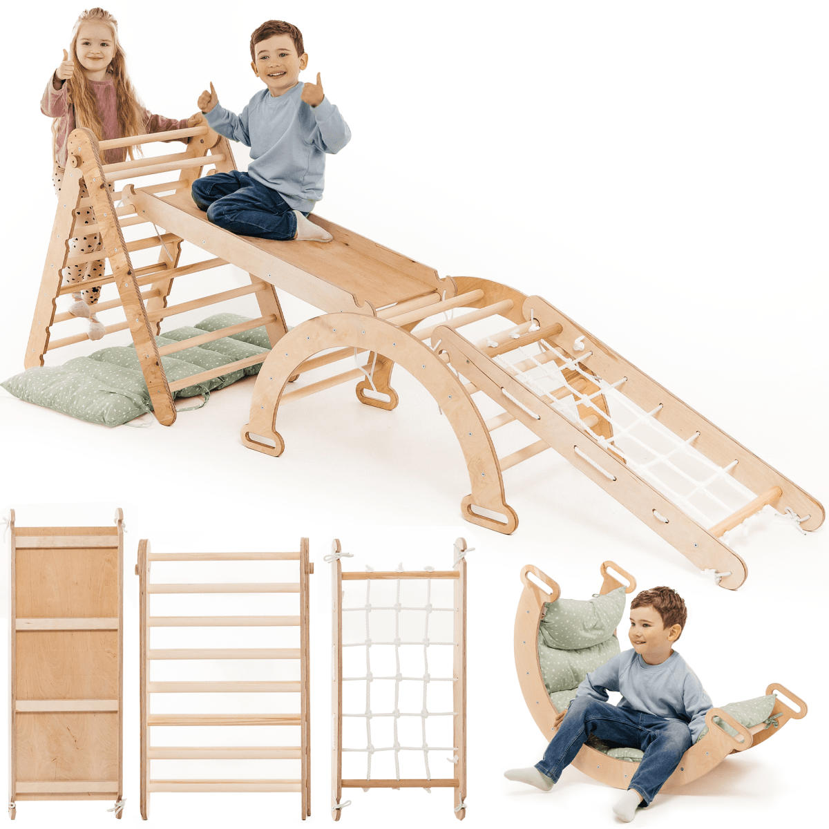 Goodevas 5in1 Montessori climbing set wooden playset with ladder slide rocker rope net cushions on Tampa Home & Garden Store