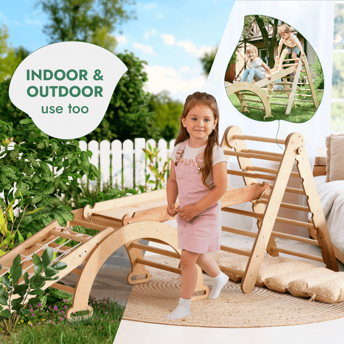 Goodevas 5in1 Montessori wooden climbing set with triangle ladder net rope slide and cushion on Tampa Home & Garden Store