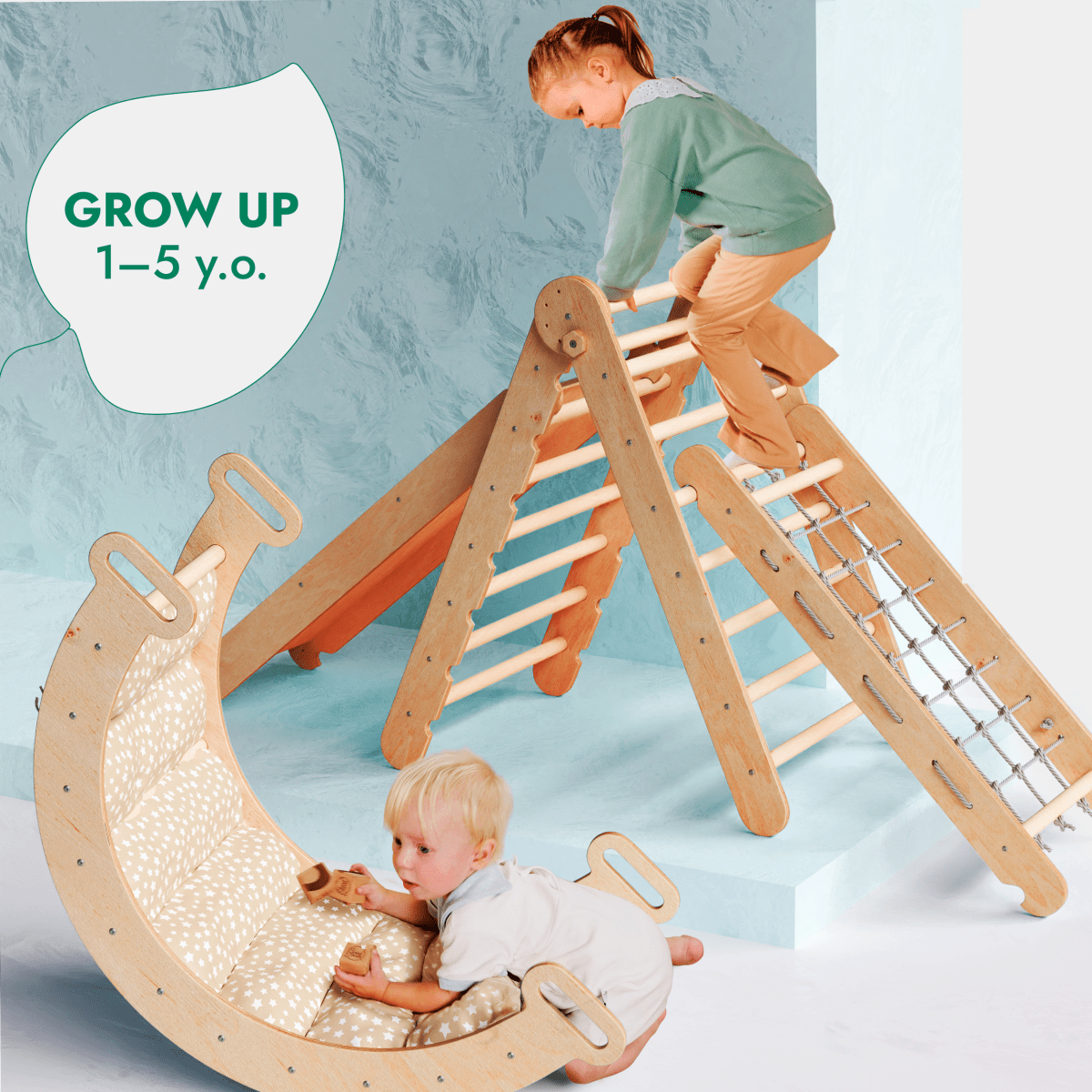 5in1 Montessori Climbing Set Goodevas triangle ladder rocker slide board net rope cushion on Tampa Home & Garden Store