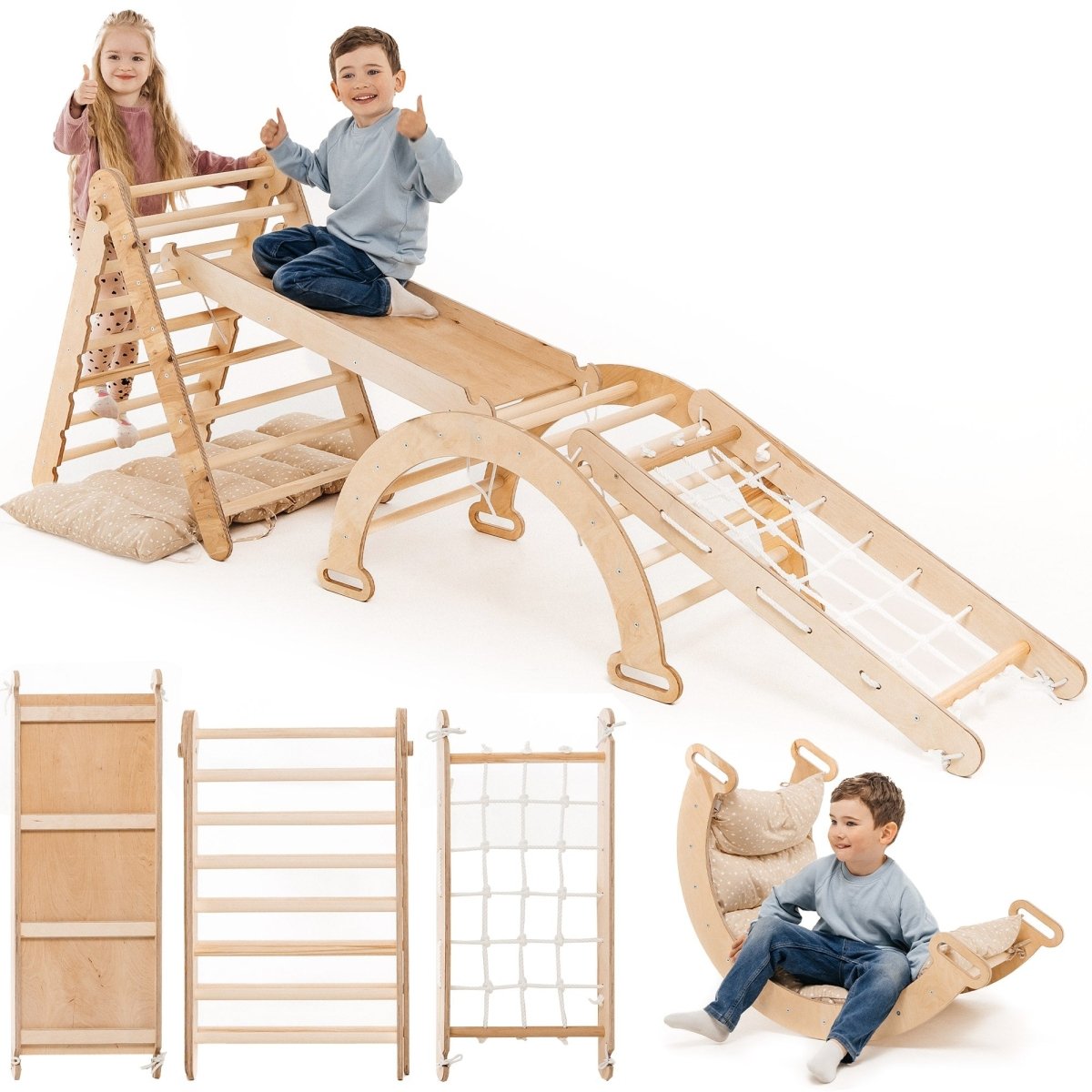 Goodevas 5in1 Montessori climbing set in natural wood with triangle ladder, slide, rope net on Tampa Home & Garden Store