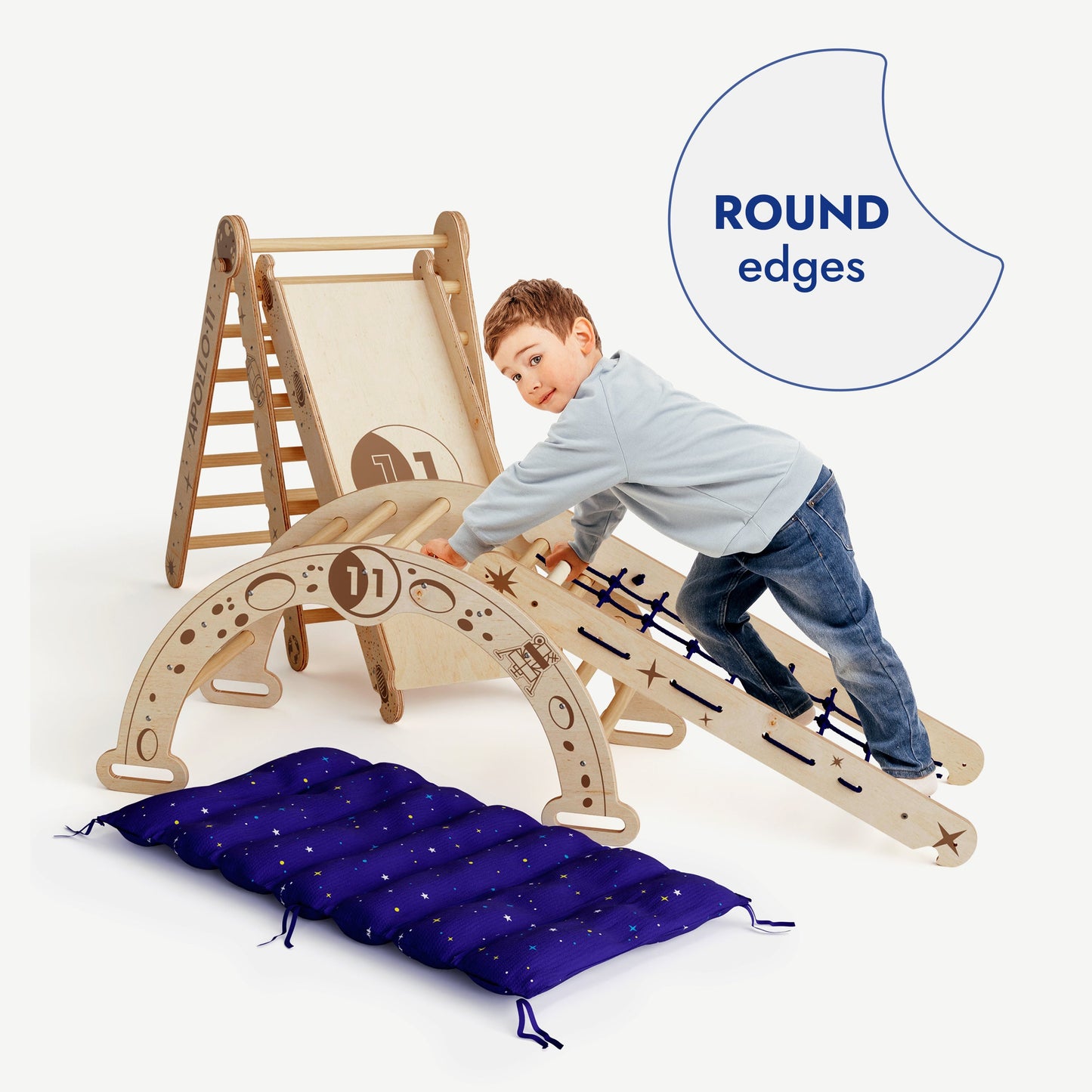Goodevas Apollo 5in1 Climbing Set natural wood Pikler triangle with arch; child climbing on Tampa Home & Garden Store