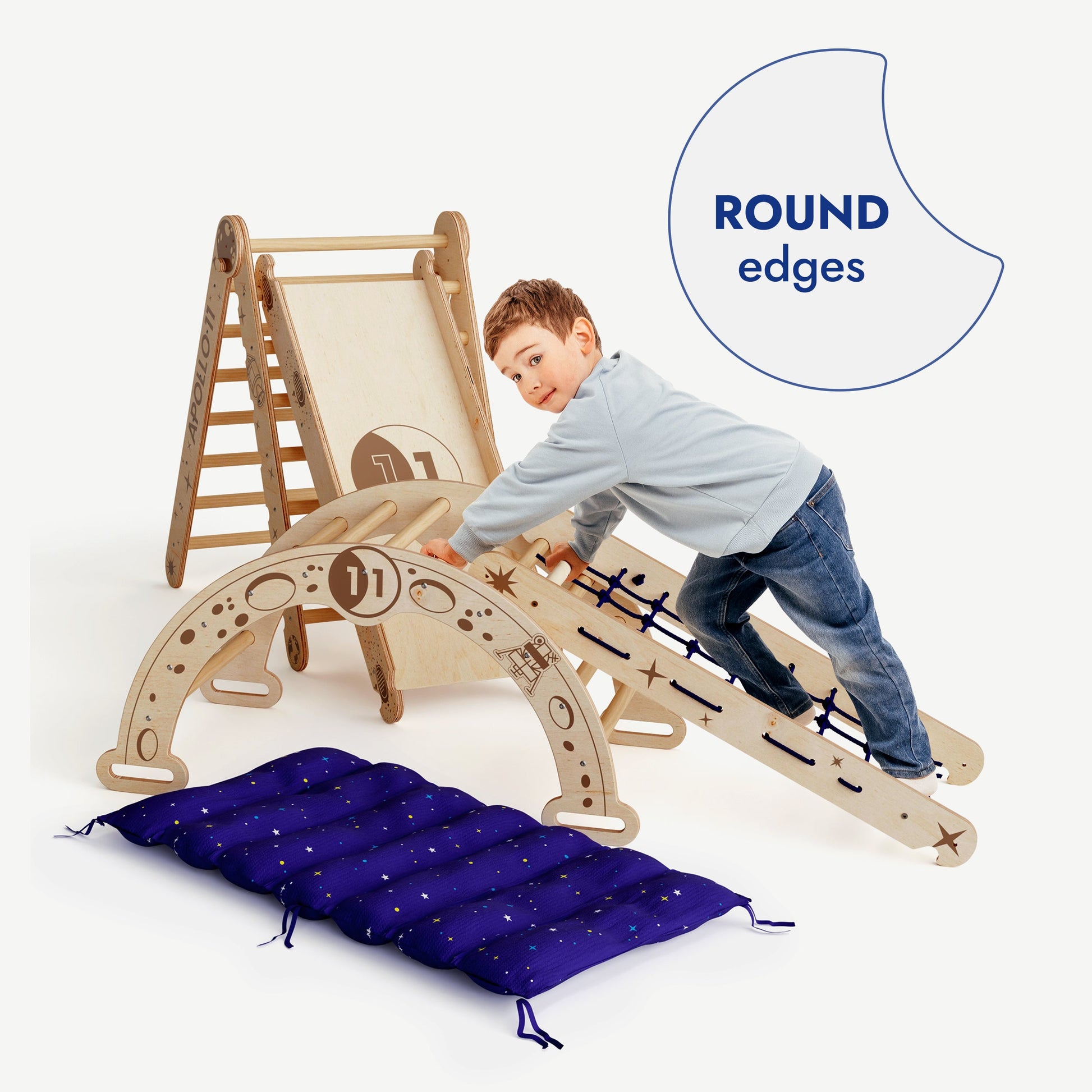 Goodevas Apollo 5in1 Climbing Set natural wood Pikler triangle with arch; child climbing on Tampa Home & Garden Store
