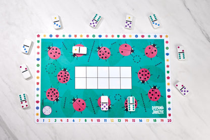 3-pack Math Placemat Bundle by Domino & Juliette, teal ladybug themed educational placemats on Tampa Home & Garden Store