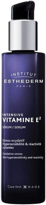 Institut Esthederm Vitamin E Intensive Serum bottle, dark blue glass with silver pump, 30 ml on Tampa Home & Garden Store