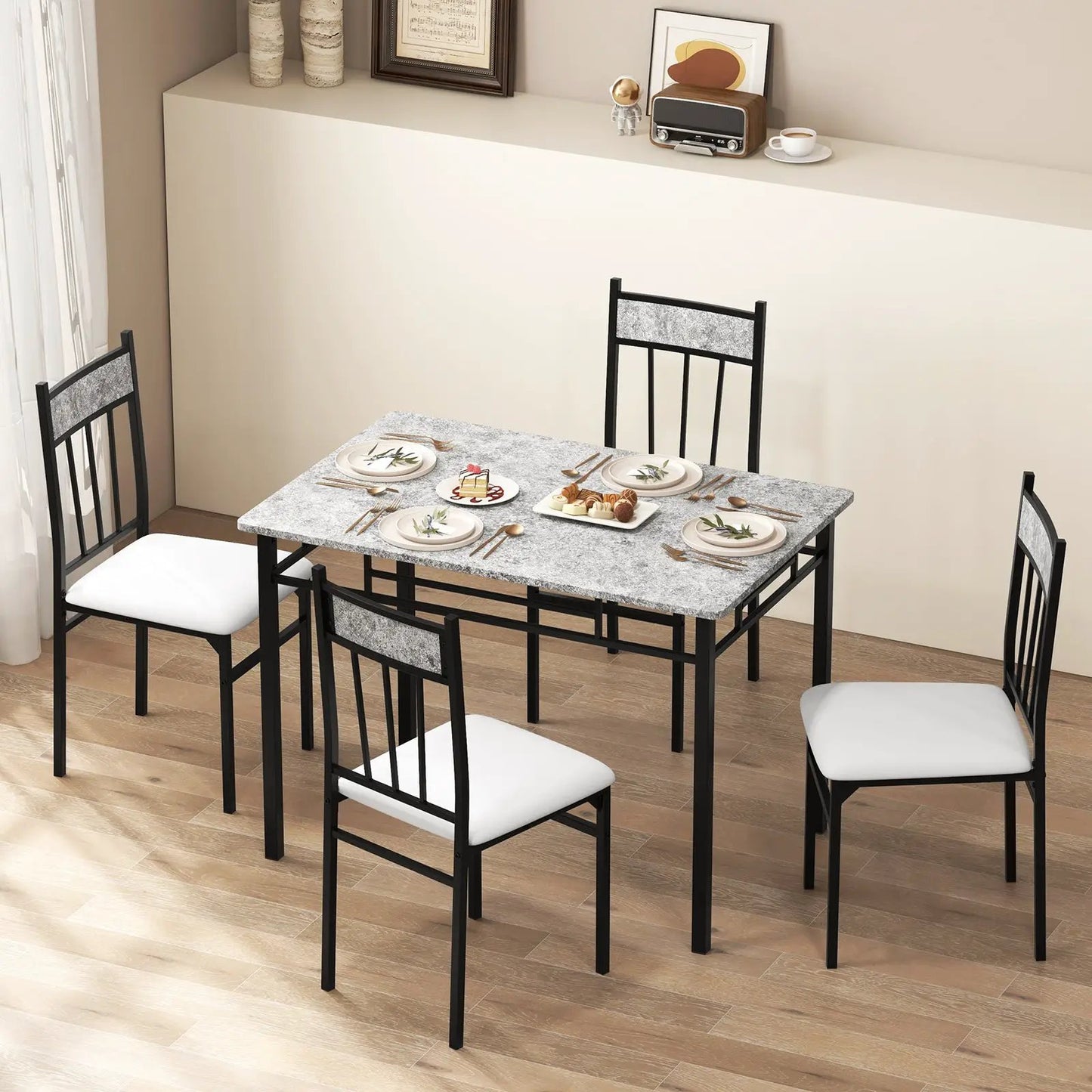 5 Piece Faux Marble Dining Set With Steel Frame