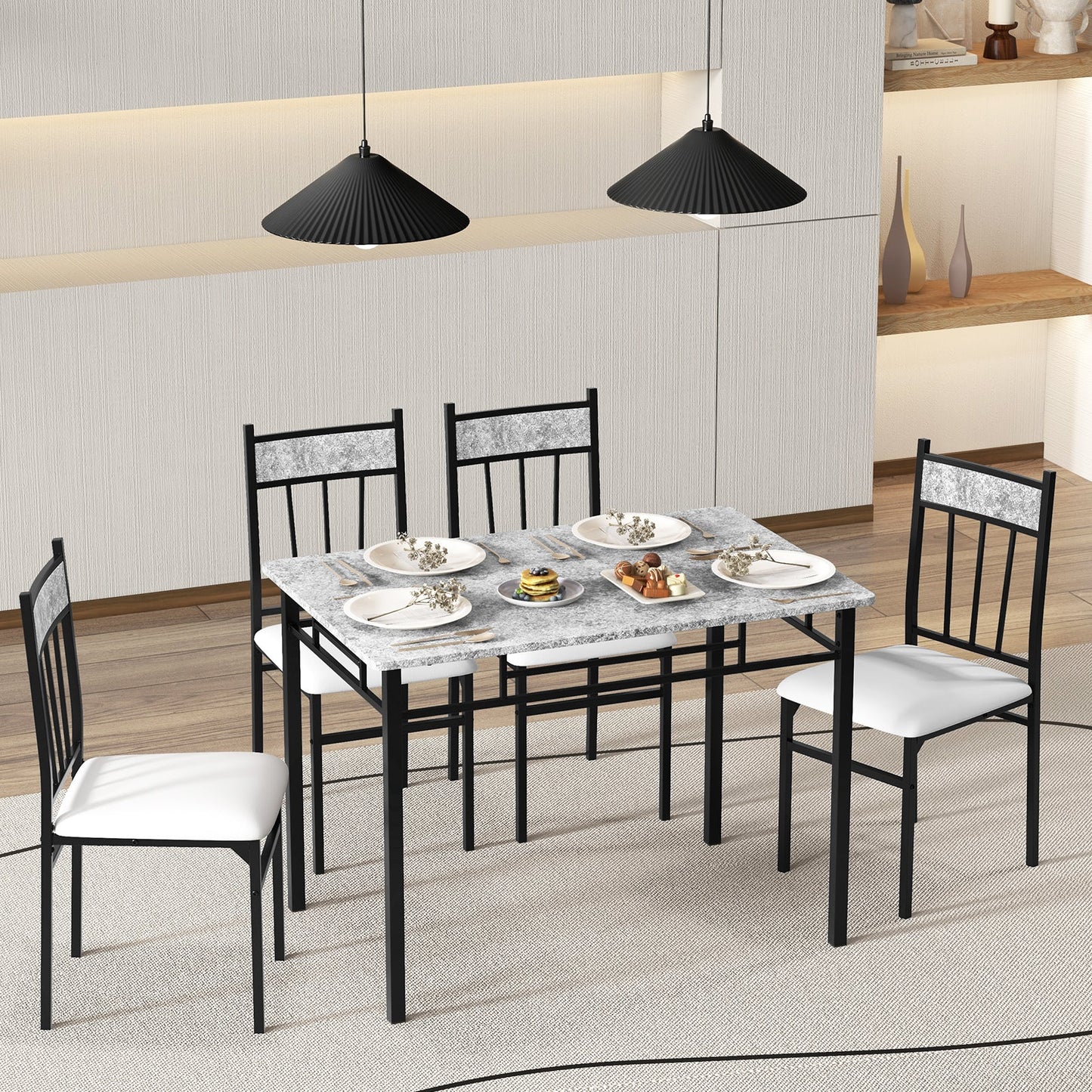 5 Piece Faux Marble Dining Set With Steel Frame