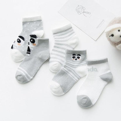 Stevvex 5-pair baby socks set for 0-2Y in gray/white cotton mesh with panda faces on Tampa Home & Garden Store