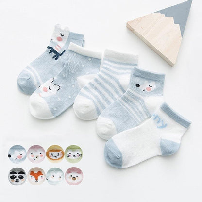 Baby socks set 5-pair Stevvex 0-2Y in blue and white with cute animal faces and stripes on Tampa Home & Garden Store