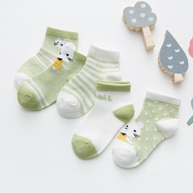 Stevvex 5-pair infant socks set 0-2Y green/white with animal prints on Tampa Home & Garden Store