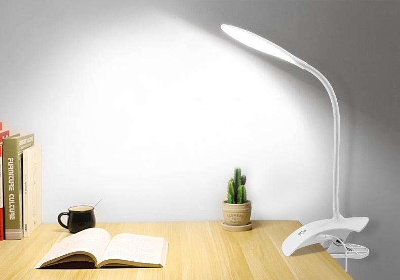 Stevvex 5V USB LED desk lamp with flexible neck white finish on desk with books and cactus on Tampa Home & Garden Store