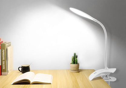 Stevvex 5V USB LED desk lamp with flexible neck white finish on desk with books and cactus on Tampa Home & Garden Store
