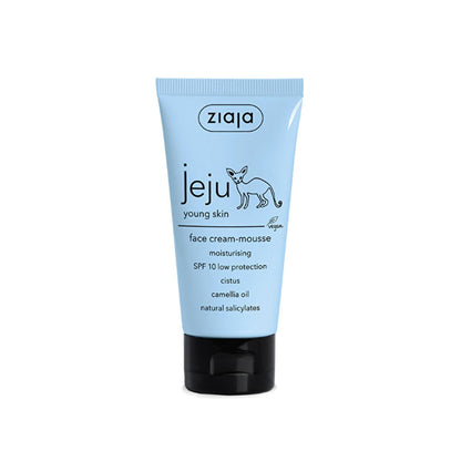 Ziaja Jeju young skin face cream-mousse tube, light blue with black cap, moisturizing SPF10 on Tampa Home & Garden Store