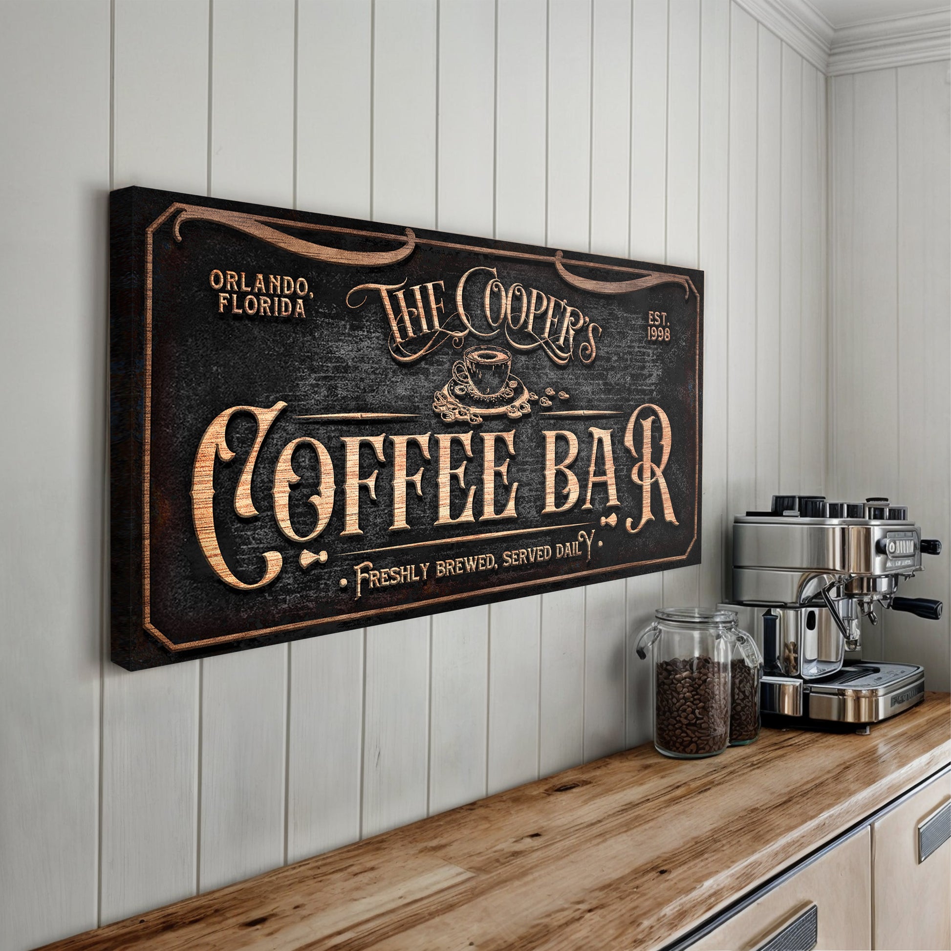 Personalized Coffee Bar Sign canvas with copper foil lettering on a chalkboard-style black background on Tampa Home & Garden Store