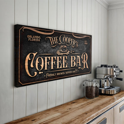 Personalized Coffee Bar Sign canvas with copper foil lettering on a chalkboard-style black background on Tampa Home & Garden Store