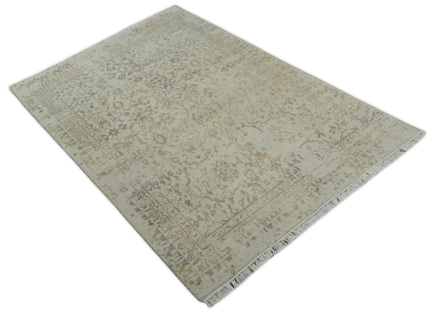 Alfombra antigua de lana y seda, estilo persa tradicional, anudada a mano, de 13 x 18 cm, en beige y marrón | AGR50