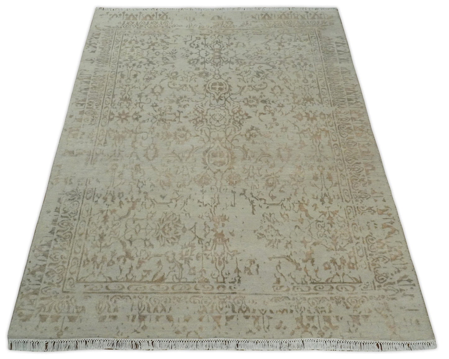 Alfombra antigua de lana y seda, estilo persa tradicional, anudada a mano, de 13 x 18 cm, en beige y marrón | AGR50