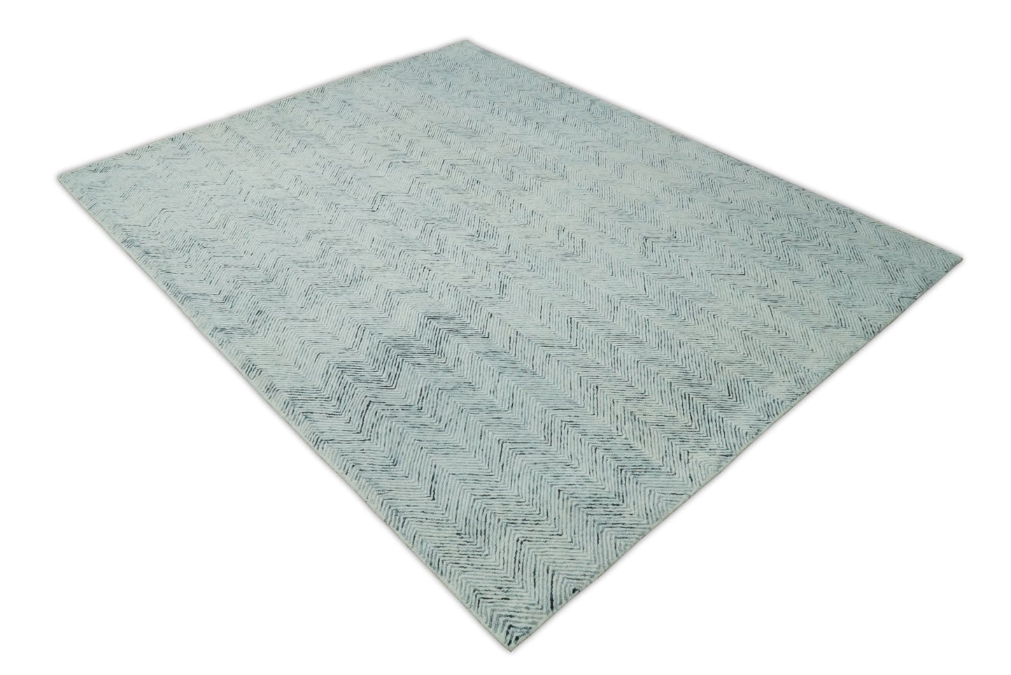 Alfombra moderna de lana azul y marfil, hecha a mano, de 5x8 y 8x10 | EVE001