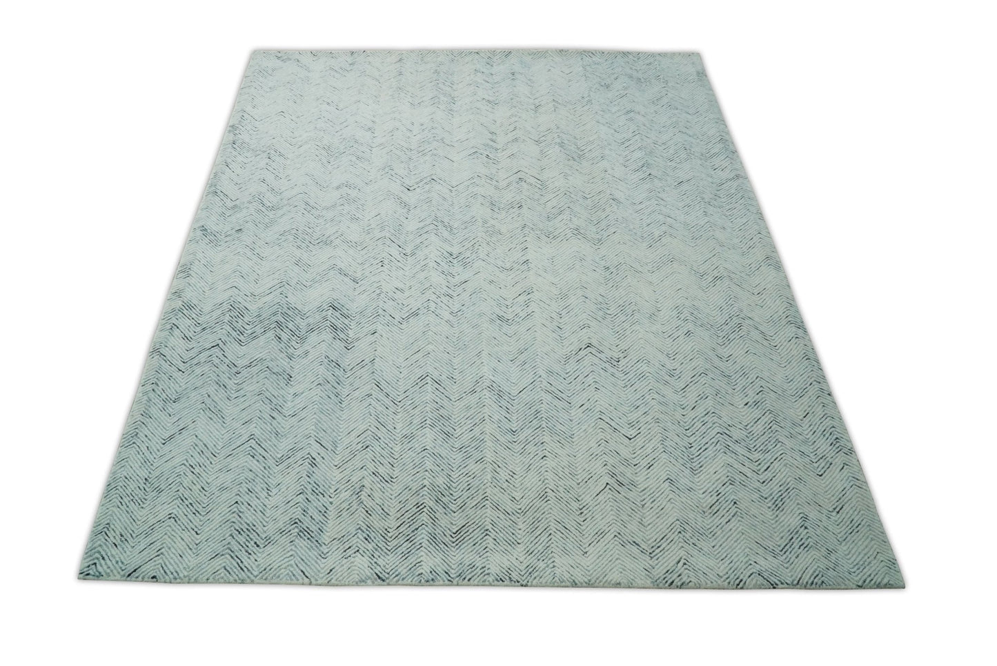 Alfombra moderna de lana azul y marfil, hecha a mano, de 5x8 y 8x10 | EVE001